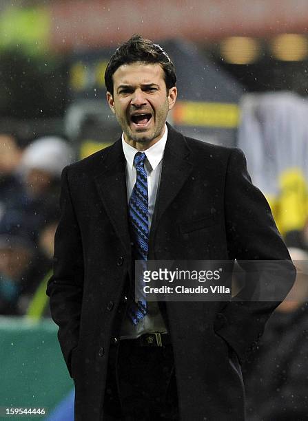 Head coach Andrea Stramaccioni of FC Inter Milan reacts during the TIM cup match between FC Internazionale Milano and Bologna FC at Stadio Giuseppe...