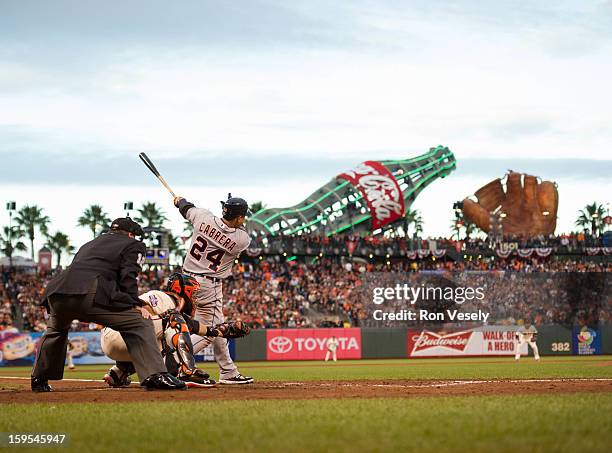 Miguel Cabrera of the Detroit Tigers bats during Game One of the 2012 World Series against the San Francisco Giants on October 24, 2012 at AT&T Park...