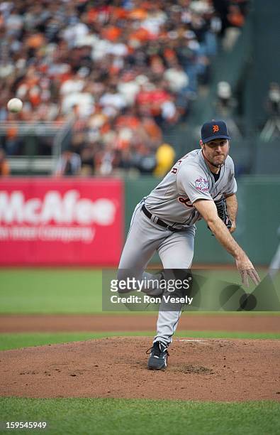 Justin Verlander of the Detroit Tigers pitches during Game One of the 2012 World Series against the San Francisco Giants on October 24, 2012 at AT&T...