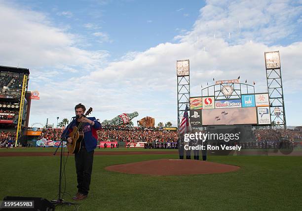 American Idol winner Phillip Phillips sings the National Anthem before Game One of the 2012 World Series between the Detroit Tigers and the San...