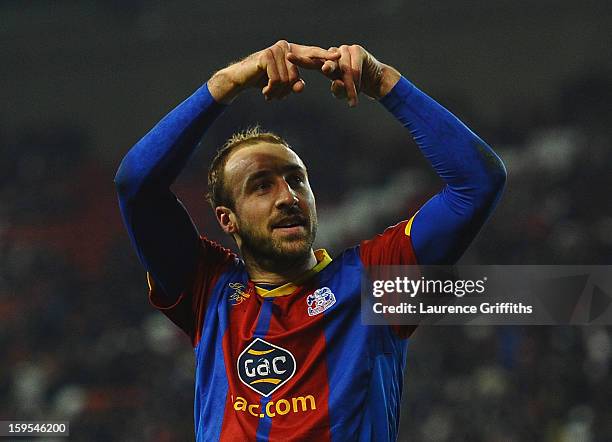 Glenn Murray of Crystal Palace celebrates the equalising goal during the FA Cup with Budweiser Third Round replay match between Stoke City and...