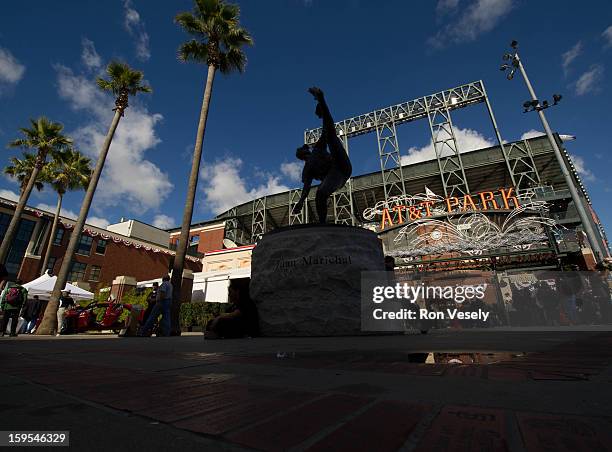 Silhouette of the statue of Hall of Famer and former San Francisco Giants player Juan Marichal is seen outside AT&T Park before Game One of the 2012...