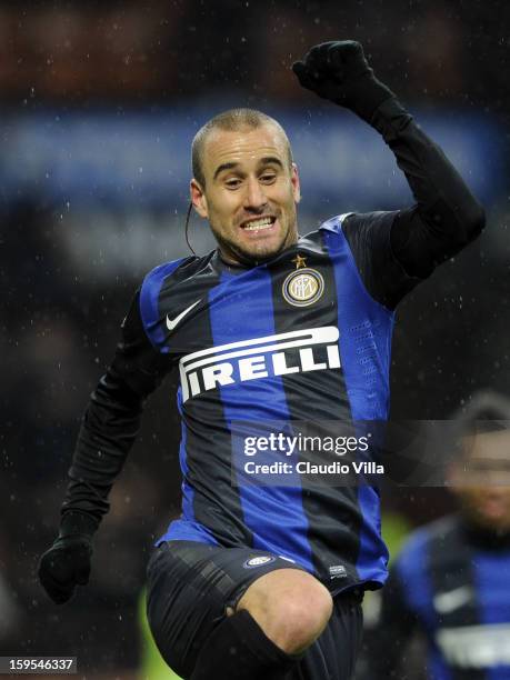 Rodrigo Palacio of FC Inter celebrates scoring the second goal during the TIM cup match between FC Internazionale Milano and Bologna FC at Stadio...