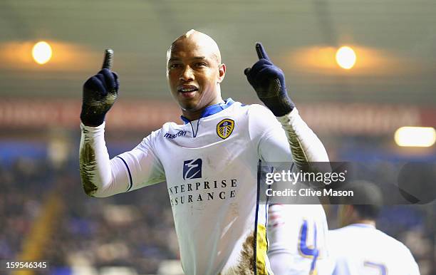 El-Hadji Diouf of Leeds United celebrates scoring a penalty during the FA Cup with Budweiser Third Round Replay match between Birmingham City and...