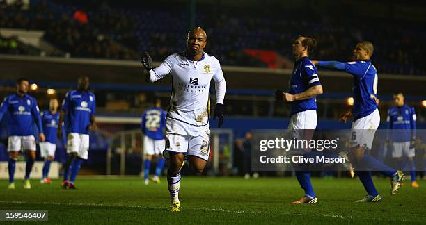 El-Hadji Diouf of Leeds United celebrates scoring a penalty during the FA Cup with Budweiser Third Round Replay match between Birmingham City and...