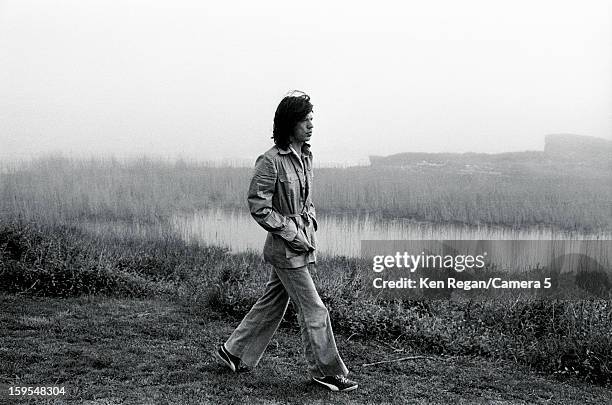 Mick Jagger of the Rolling Stones is photographed walking the marshes outside artist Andy Warhol's home in 1975 in Montauk, New York. CREDIT MUST...