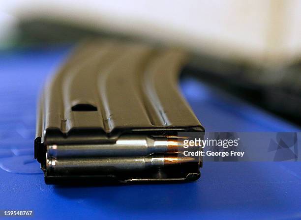 High capacity 30 round clip sits on the table at the "Get Some Guns & Ammo" shooting range on January 15, 2013 in Salt Lake City, Utah. Lawmakers are...