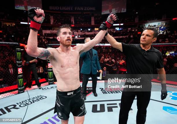 Cory Sandhagen reacts after his victory over Rob Font in a 140-pound catchweight fight during the UFC Fight Night event at Bridgestone Arena on...