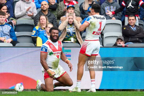 Mikaele Ravalawa of the Dragons scores a try during the round 23 NRL match between Parramatta Eels and St George Illawarra Dragons at CommBank...
