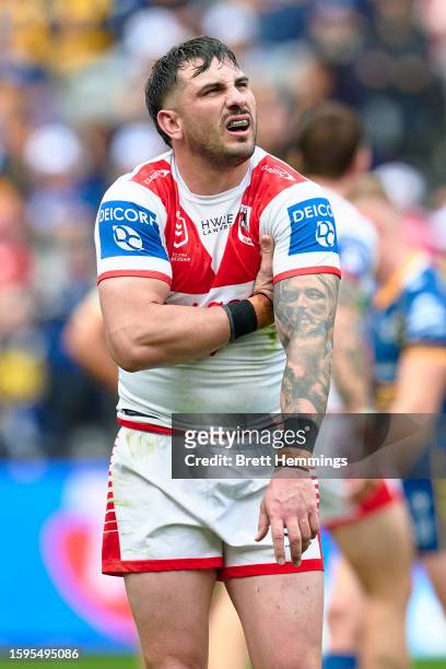 Jack Bird of the Dragons reacts during the round 23 NRL match between Parramatta Eels and St George Illawarra Dragons at CommBank Stadium on August...