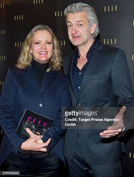 Sabine Nedelchev, chief editor of the German Elle, and actor Dominic Raacke attend the Elle Soiree Privee during the Mercedes-Benz Fashion Week at...