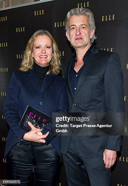 Sabine Nedelchev, chief editor of the German Elle, and actor Dominic Raacke attend the Elle Soiree Privee during the Mercedes-Benz Fashion Week at...