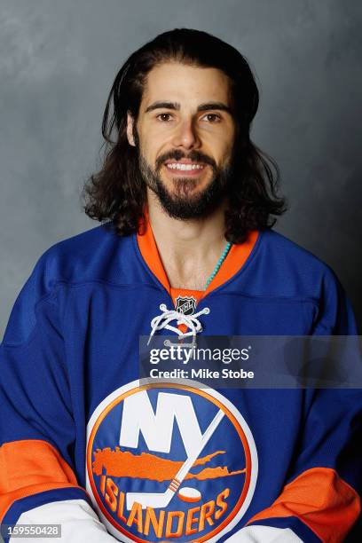 Rick DiPietro of the New York Islanders poses for his official headshot for the 2012-2013 season on January 13, 2013 at the Nassau Coliseum in...