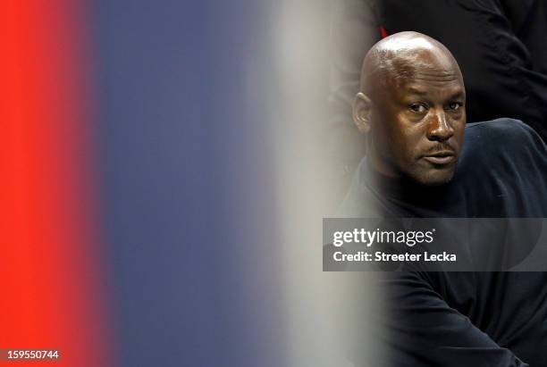 Michael Jordan, owner of the Charlotte Bobcats watches on during their game against the Indiana Pacers at Time Warner Cable Arena on January 15, 2013...