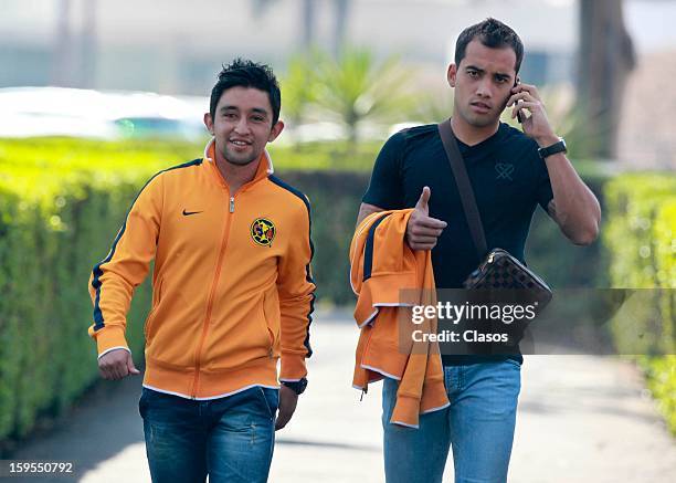 Christian Bermudez and Adrian Aldrete walk before a press conference in Coapa on January 14, 2013 in Mexico City, Mexico.