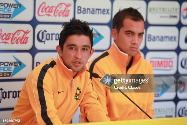 Christian Bermudez and Adrian Aldrete speak during a news conference in Coapa on January 14, 2013 in Mexico City, Mexico.
