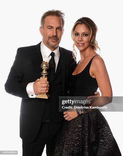 Actor Kevin Costner, winner of Best Actor in a Mini-Series or a Motion Picture Made for Television for 'Hatfields & McCoys', and wife Christine...