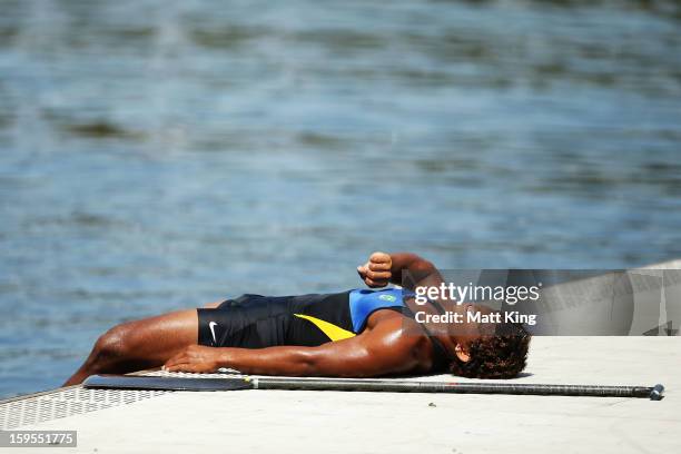 Queiroz Dos Santos of Brazil looks exhausted after winning the Men's C1 1000 Final during day one of the 2013 Australian Youth Olympic Festival at...