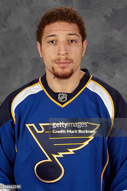 Chris Stewart of the St. Louis Blues poses for his official headshot for the 2012-2013 season on January 13, 2013 at the Scottrade Center in St....