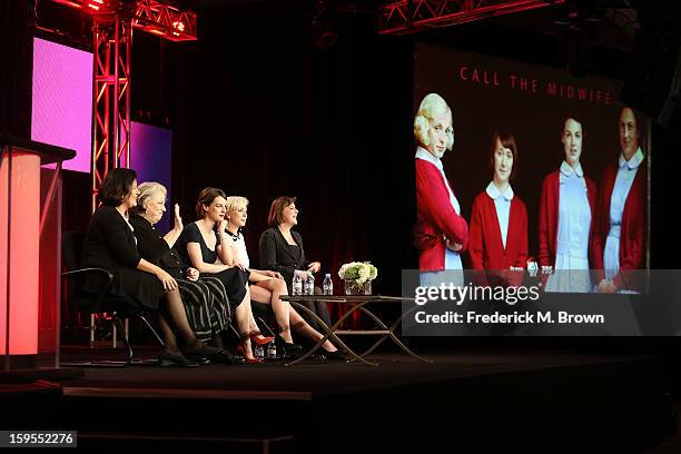 Producer Pippa Harris, actresses Pam Ferris, Jessica Raine, Helen George, and executive producer/writer Heidi Thomas speak onstage during the "Call...