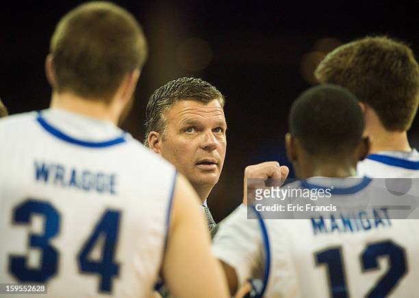 Head coach Greg McDermott of the Creighton Bluejays talks to his team during a time out during their game against the Northern Iowa Panthers at the...
