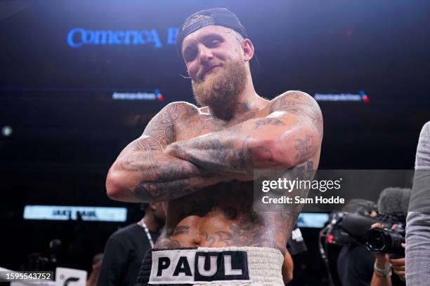 Jake Paul poses for a photo after defeating Nate Diaz at the American Airlines Center on August 05, 2023 in Dallas, Texas.