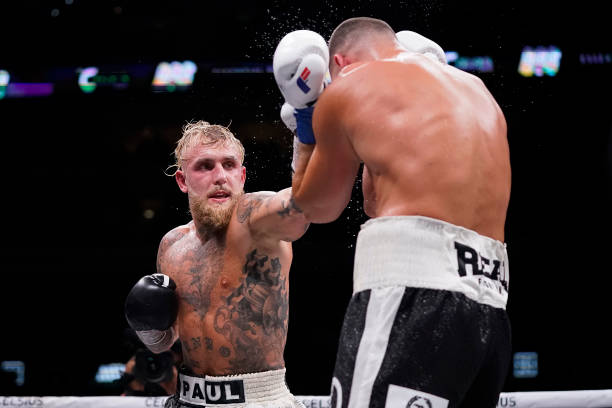 Jake Paul throws a left at Nate Diaz during the tenth round of their fight at the American Airlines Center on August 05, 2023 in Dallas, Texas.