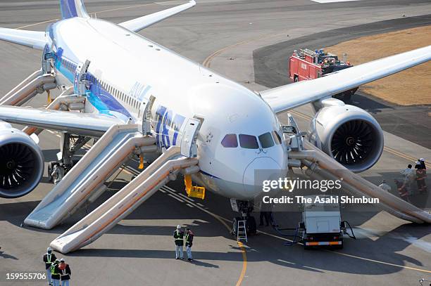 In this aerial image, a Boeing 787 airplane is seen at the runway of Takamatsu Airport on January 16, 2013 in Takamatsu, Kagawa, Japan. All Nippon...