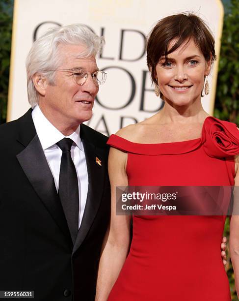 Actors Richard Gere and Carey Lowell arrive at the 70th Annual Golden Globe Awards held at The Beverly Hilton Hotel on January 13, 2013 in Beverly...