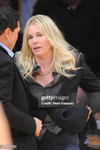 Chelsea Handler attends a basketball game between the Milwaukee Bucks and the Los Angeles Lakers at Staples Center on January 15, 2013 in Los...