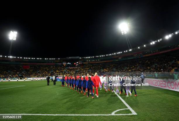General view as the teams make their way onto the pitch ahead of the FIFA Women's World Cup Australia & New Zealand 2023 Round of 16 match between...