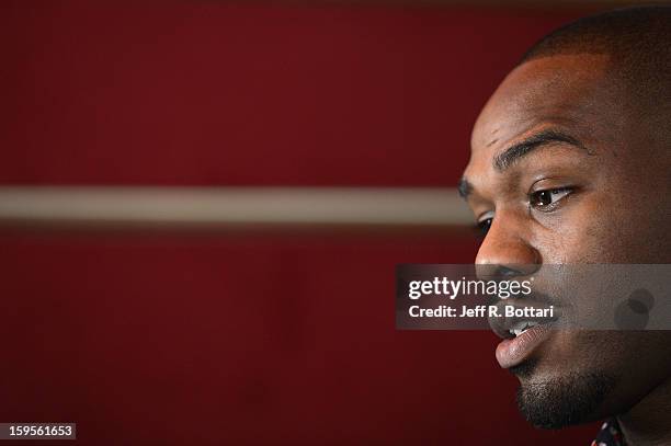 Mixed martial artist Jon Jones speaks with the media after winning the Fighter of the Year award at the Fighters Only World Mixed Martial Arts Awards...