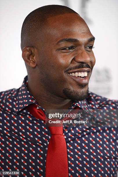 Mixed martial artist Jon Jones speaks with the media after winning the Fighter of the Year award at the Fighters Only World Mixed Martial Arts Awards...