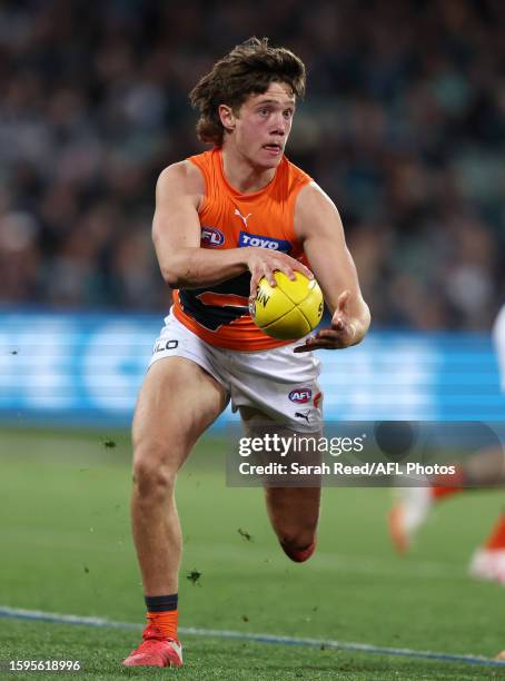 Toby McMullin of the Giants during the 2023 AFL Round 22 match between the Port Adelaide Power and the GWS GIANTS at Adelaide Oval on August 13, 2023...