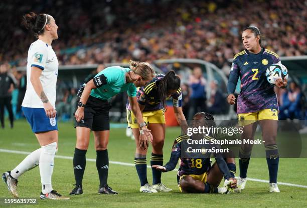 Colombia's Linda Caicedo questions referee Ekaterina Koroleva during the FIFA Women's World Cup Australia & New Zealand 2023 Quarter Final match...