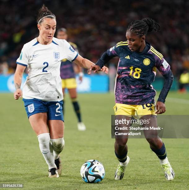 Colombia's Linda Caicedo under pressure from England's Lucy Bronze and Jess Carter during the FIFA Women's World Cup Australia & New Zealand 2023...