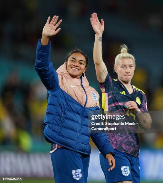 England's Jess Carter waves to fans at the final whistle during the FIFA Women's World Cup Australia & New Zealand 2023 Quarter Final match between...