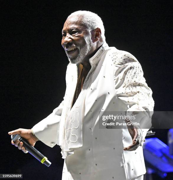 Eddie Levert of The O'Jays performs onstage during "Last Stop On The Love Train, The Final" tour at Stockbridge Amphitheater on August 05, 2023 in...