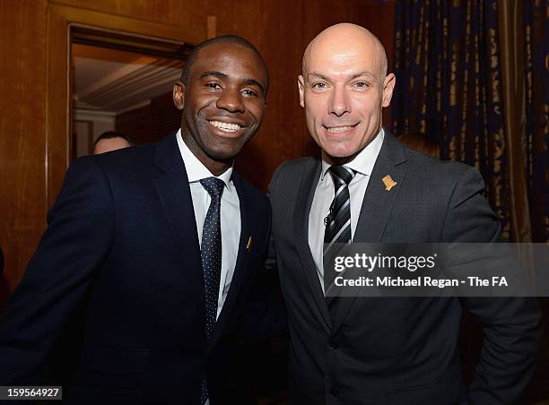 Fabrice Muamba and referee Howard Webb attend the official launch to mark the FA's 150th Anniversary Year at the Grand Connaught Rooms on January 16,...
