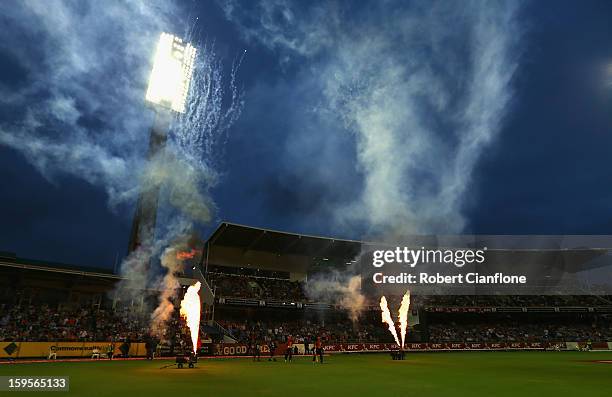 Herschelle Gibbs and Shaun Marsh of the Scorchers walk out to bat during the Big Bash League semi-final match between the Perth Scorchers and the...