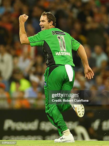 John Hastings of the Stars celebrates the wicket of Nathan Coulter-Nile of the Perth Scorchers during the Big Bash League semi-final match between...