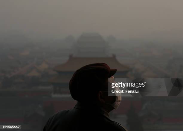 Tourist wearing the mask looks at the Forbidden City as pollution covers the city on January 16, 2013 in Beijing, China. Heavy smog shrouded Beijing...