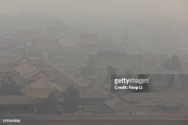 Tourists walk through the door of the Forbidden City as pollution covers the city on January 16, 2013 in Beijing, China. Heavy smog shrouded Beijing...