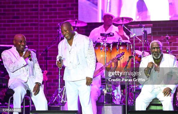 Eric Grant, Walter Williams, and Eddie Levert of The O'Jays perform onstage during "Last Stop On The Love Train, The Final" tour at Stockbridge...