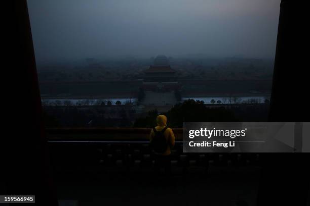 Tourist looks at the Forbidden City as pollution covers the city on January 16, 2013 in Beijing, China. Heavy smog shrouded Beijing with pollution at...