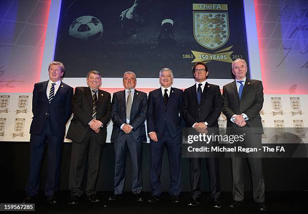 England manager Roy Hodgson poses with former England managers Graham Taylor, Terry Venables, Fabio Capello, Sven-Goran Eriksson and FA Chairman...