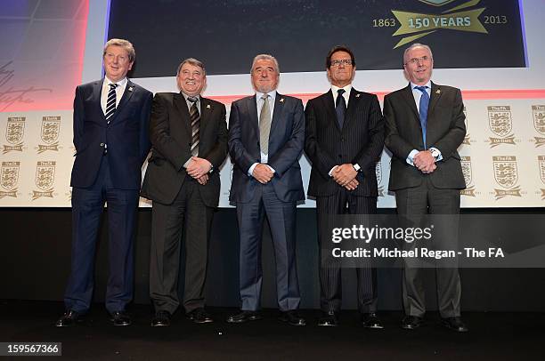 England manager Roy Hodgson poses with former England managers Graham Taylor, Terry Venables, Fabio Capello and Sven-Goran Eriksson during the...