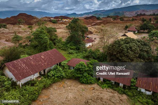 In this aerial view - A view of abandoned school at mining site on August 4, 2023 in North Konawe, Southeast Sulawesi, Indonesia. The global demand...