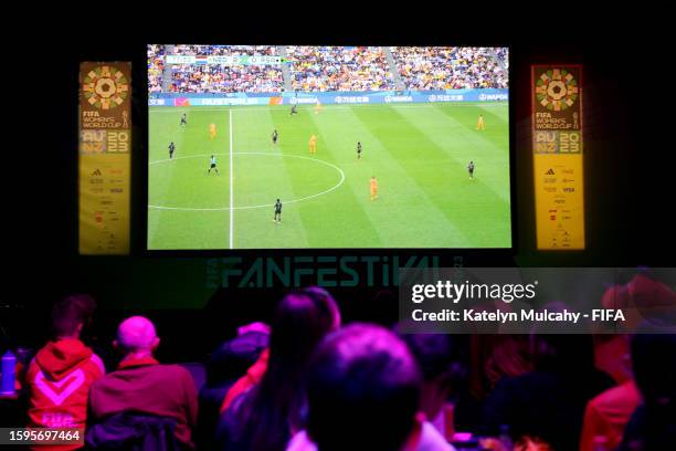Fans watch the Round of 16 match between Netherlands and South Africa during the FIFA Fan Festival on August 06, 2023 in Wellington / Te...
