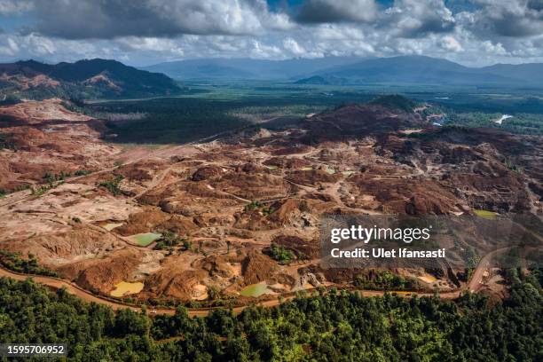 In this aerial view - A view of nickel mining site on August 3, 2023 in North Konawe, Southeast Sulawesi, Indonesia. The global demand for the raw...